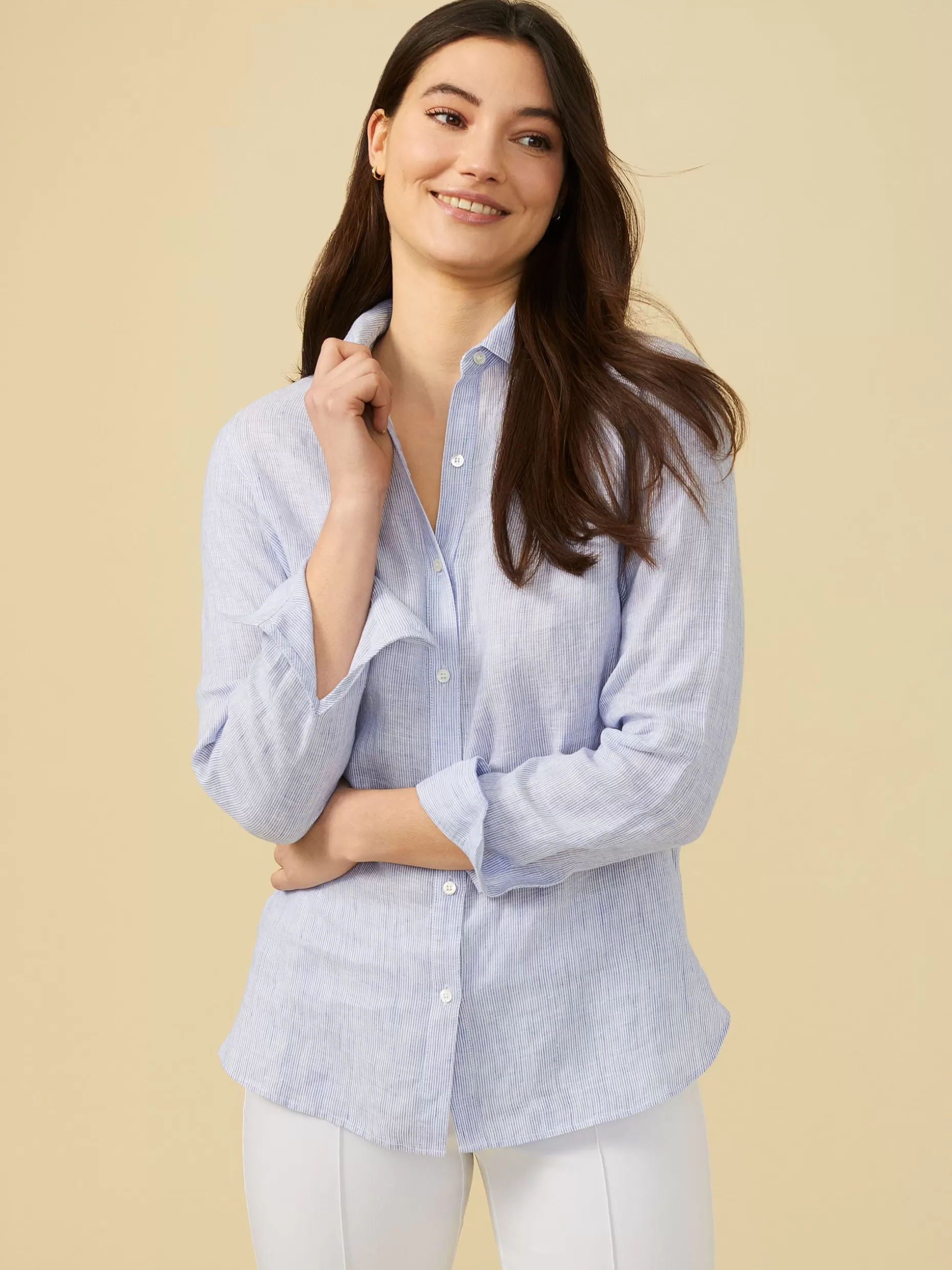 J. McLaughlin Britt Linen Shirt In Stripe-Women Tops