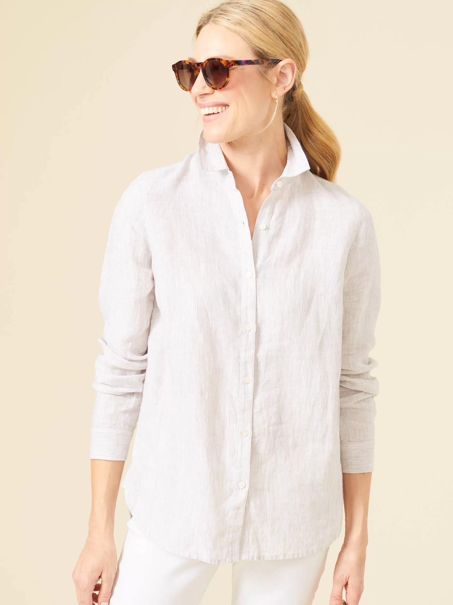 J. McLaughlin Britt Linen Shirt In Stripe-Women Tops