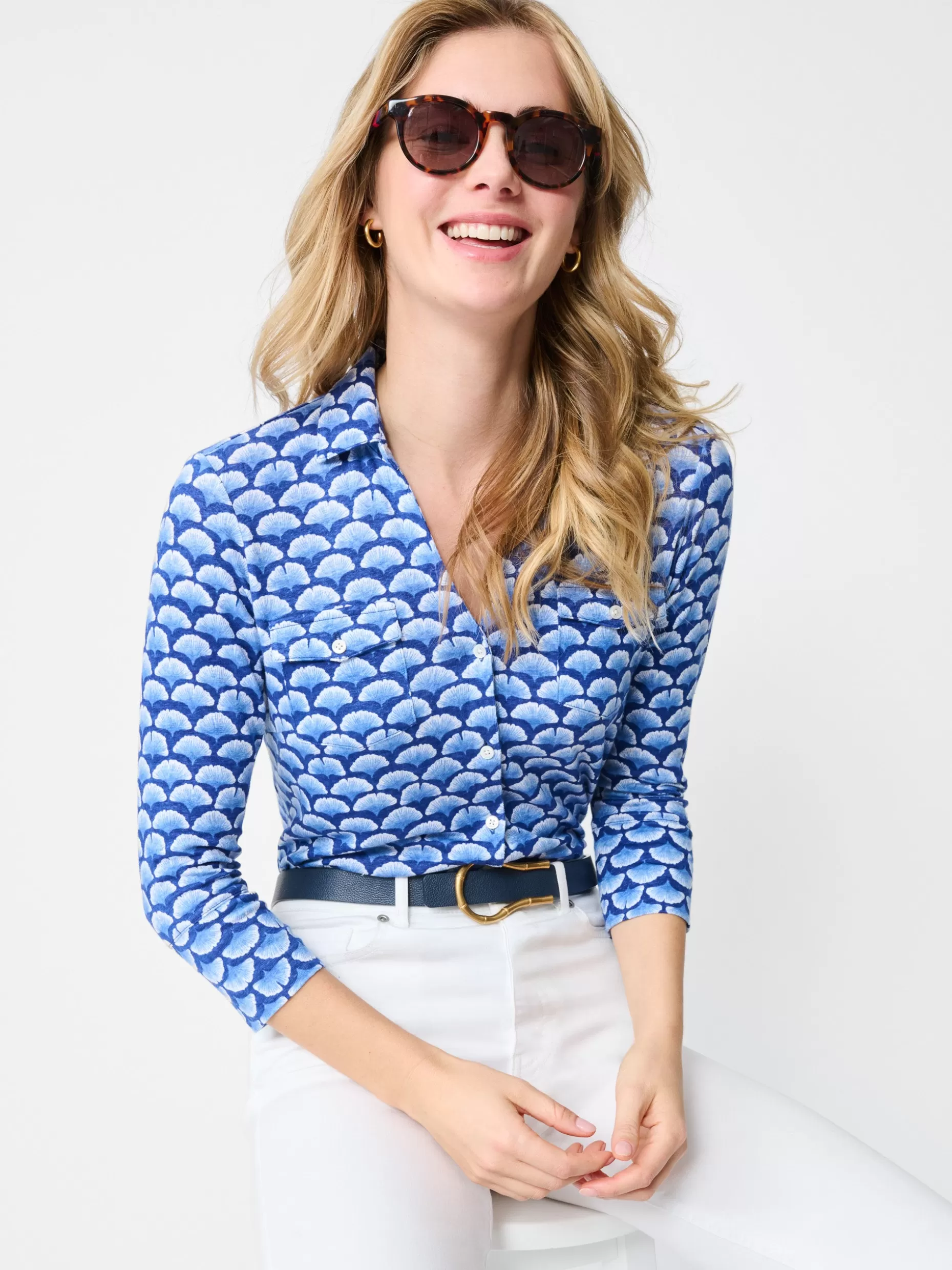 J. McLaughlin Brynn Linen Shirt In Gingko Mosaic-Women Tops