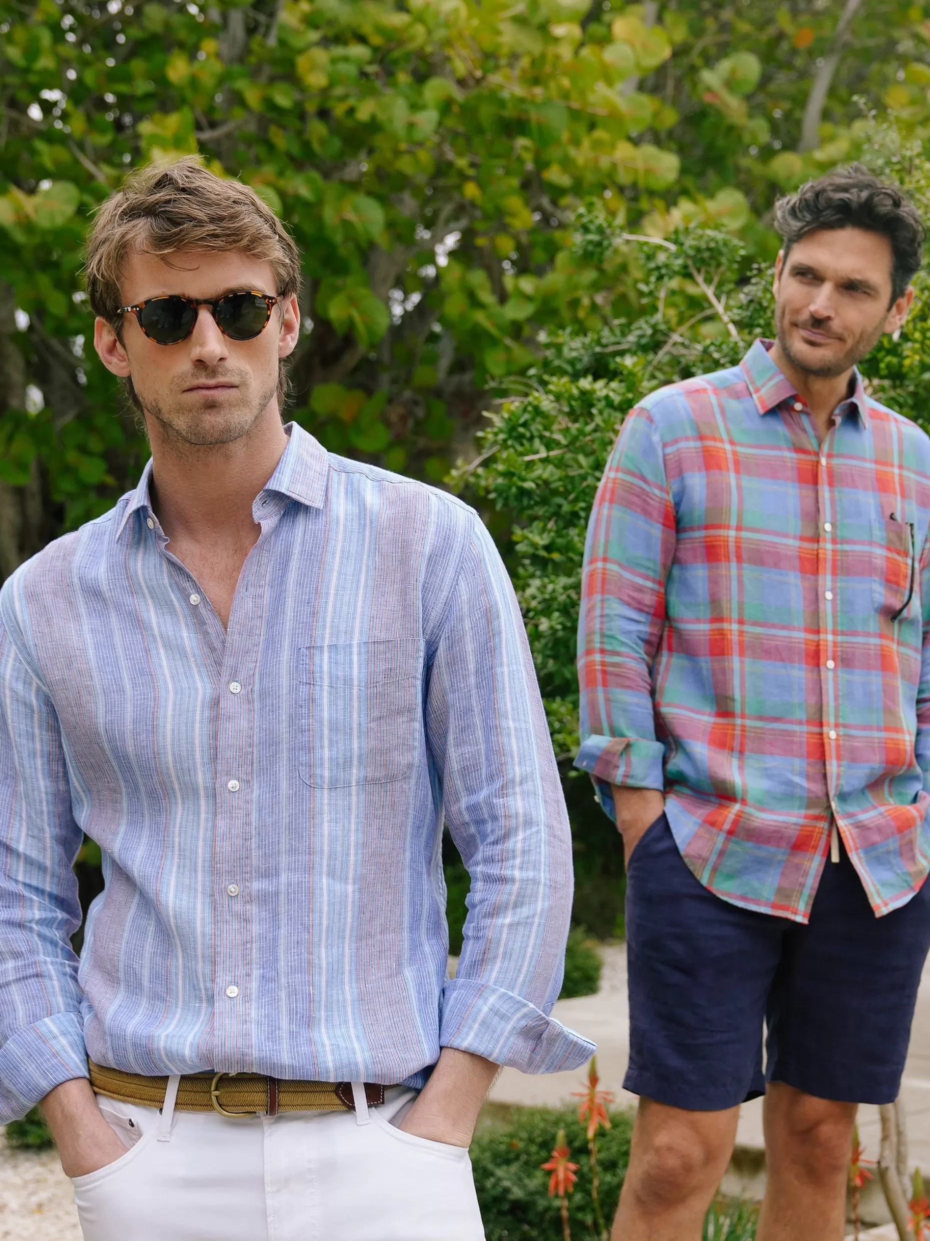 J. McLaughlin Gramercy Classic Fit Linen Shirt In Multi Stripe- Shirts