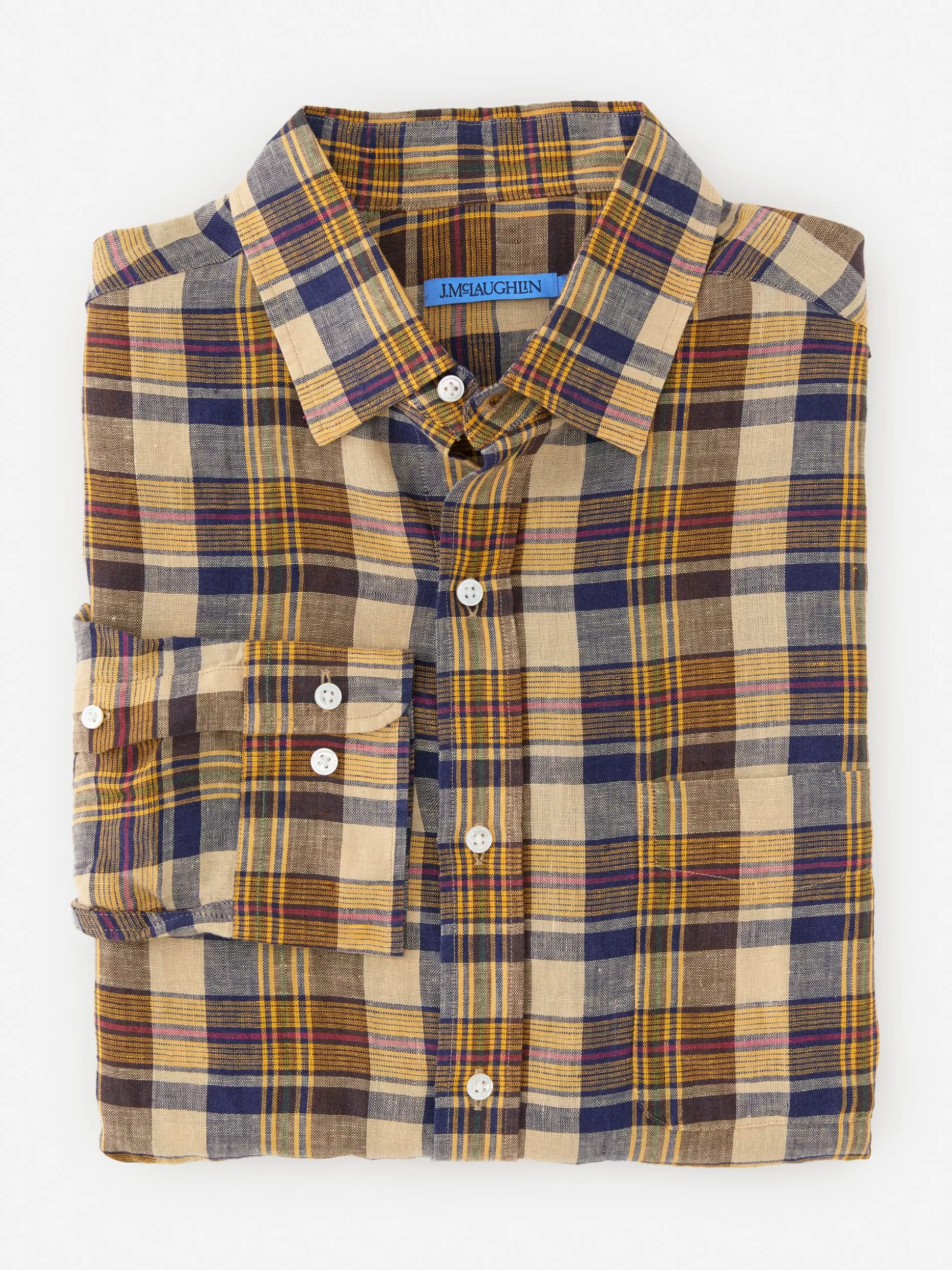 J. McLaughlin Gramercy Classic Fit Linen Shirt In Plaid- Shirts