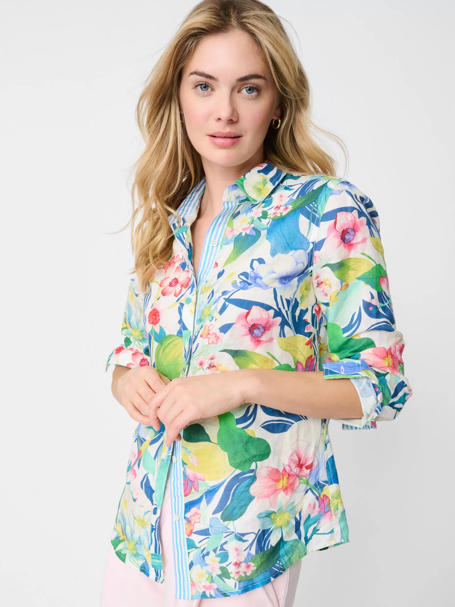 J. McLaughlin Lois Linen Shirt In Floral Reef Stripe-Women Tops