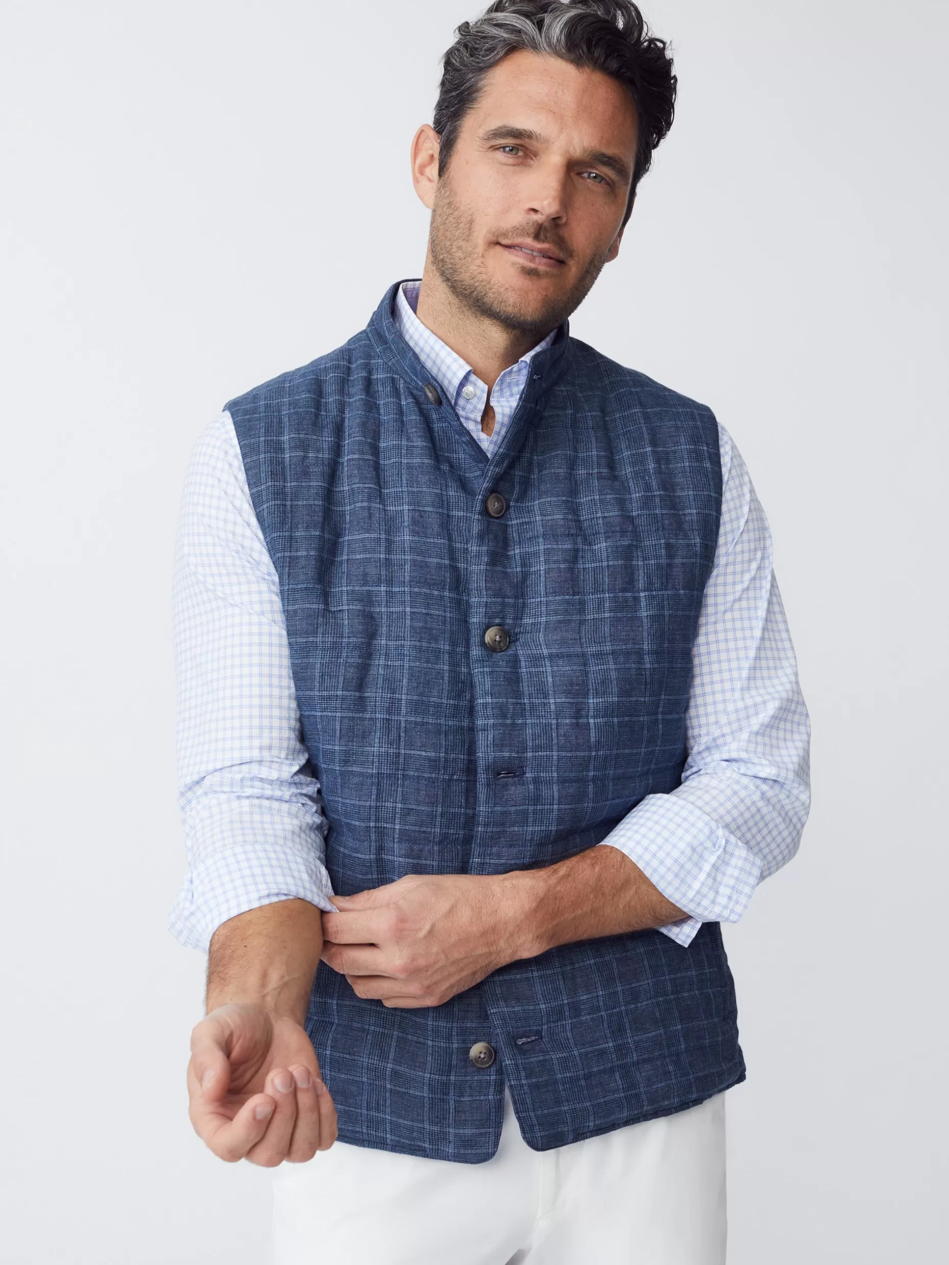 J. McLaughlin Orson Linen Vest In Glen Plaid- Jackets & Outerwear