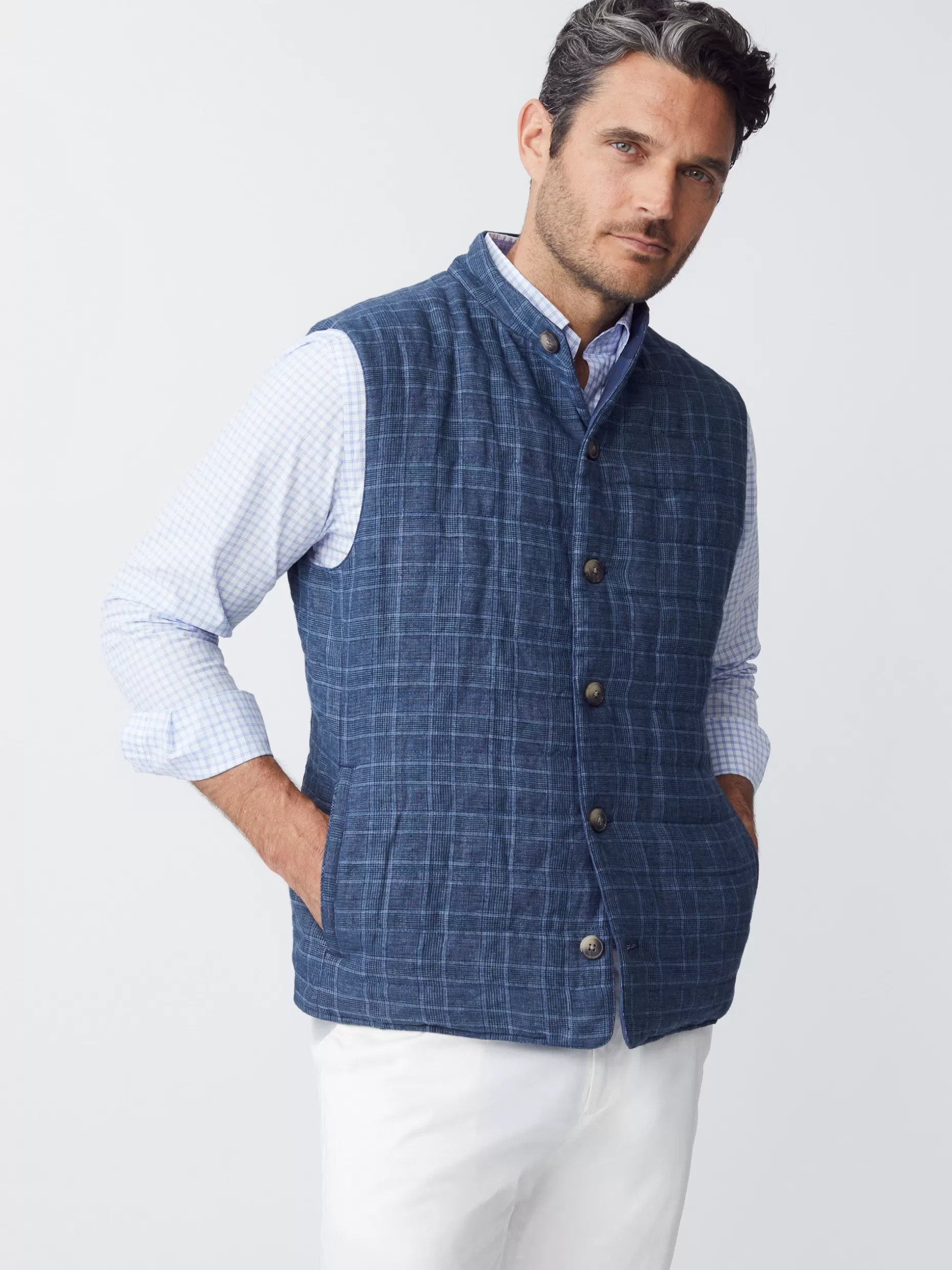 J. McLaughlin Orson Linen Vest In Glen Plaid- Jackets & Outerwear